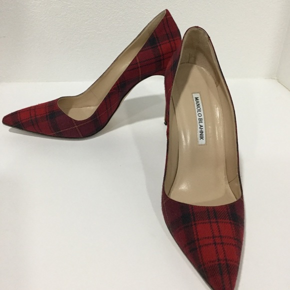 Manolo Blahnik Red Plaid Bb 5 Heels 